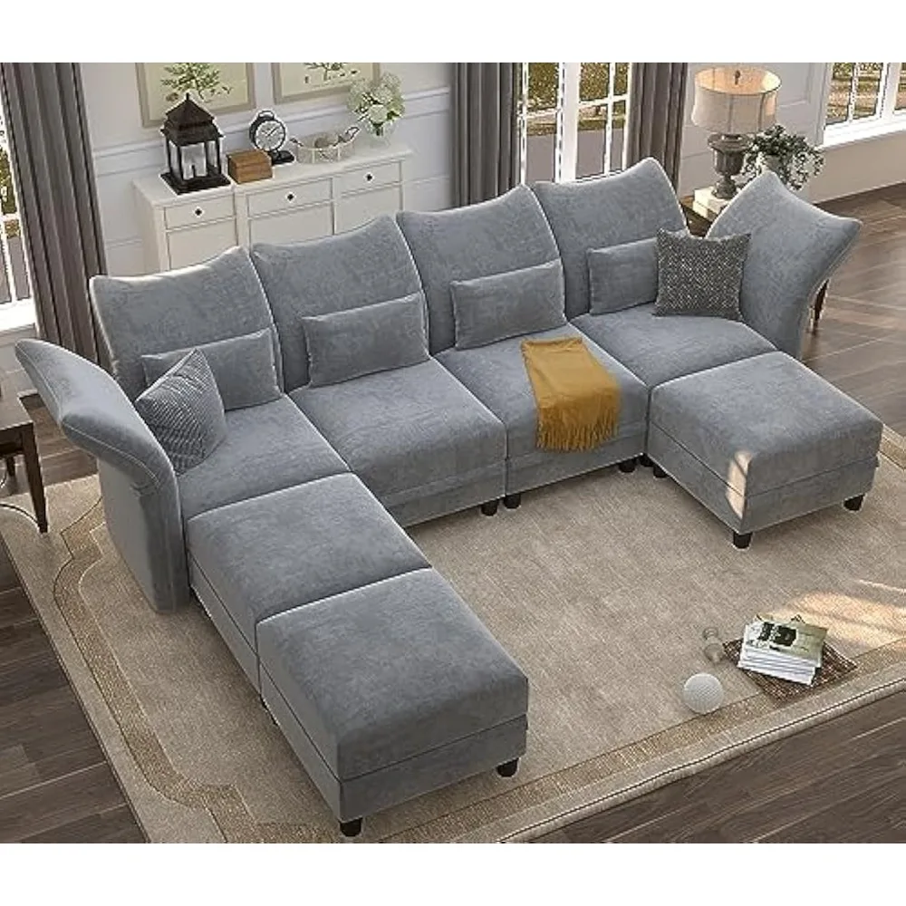 

U Shaped 7 Seater Deep Modular Sectional Sofa with Storage and Adjustable Armrest Backrest, Large Sectional Sleeper Sofa Set