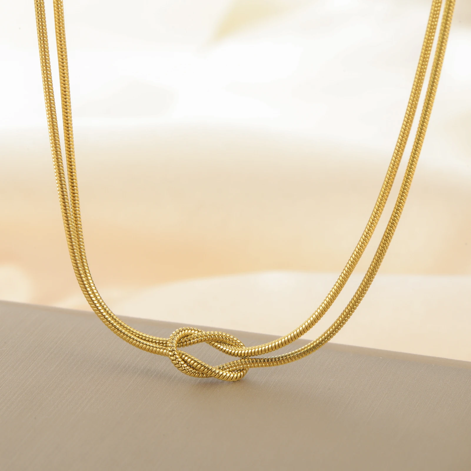 Skyrim Double Snake Chain Love Knot Necklace Women Stainless Steel Gold Color Minimalist Clavicle Chain Choker Jewelry Gift