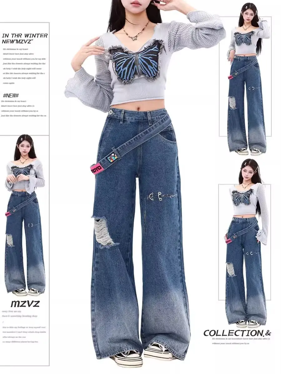 Pantalones vaqueros para mujer, Vaqueros americanos Y2k, Vaqueros de talle alto para mujer, Coqueta Shoujo, estilo de niña, ropa holgada acampanada