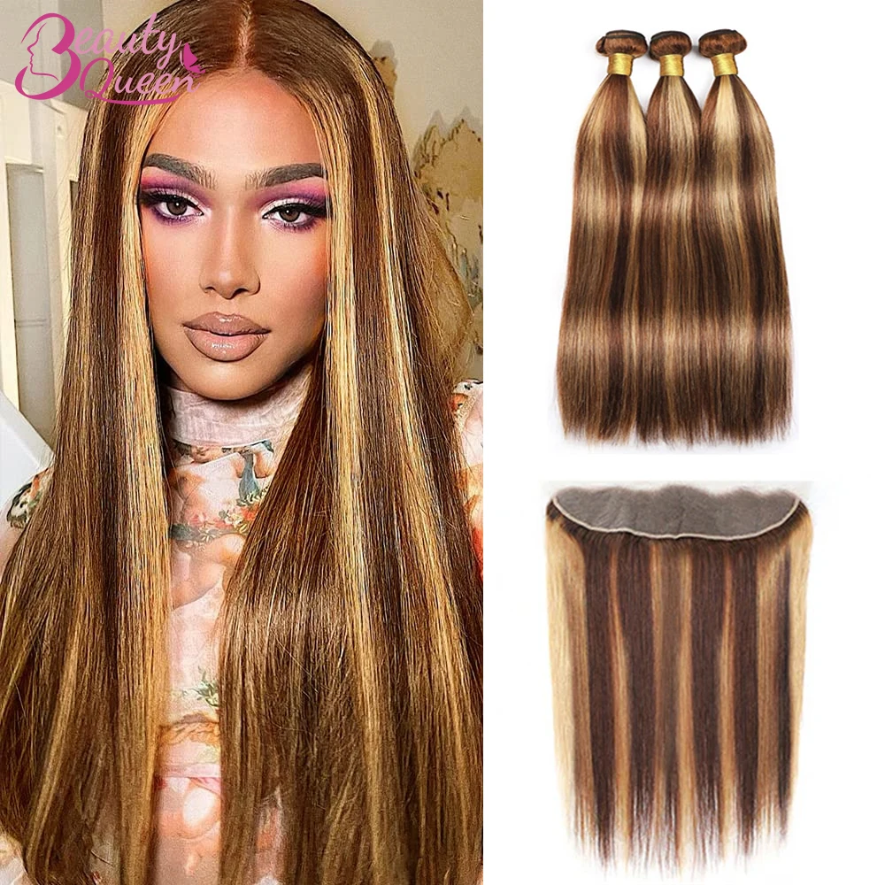 

P4/27 Highlight Colored Bundles With Closure Bone Straight Brazilian Human Hair Weave Bundles With 13x4 Lace Frontal Ombre Brown