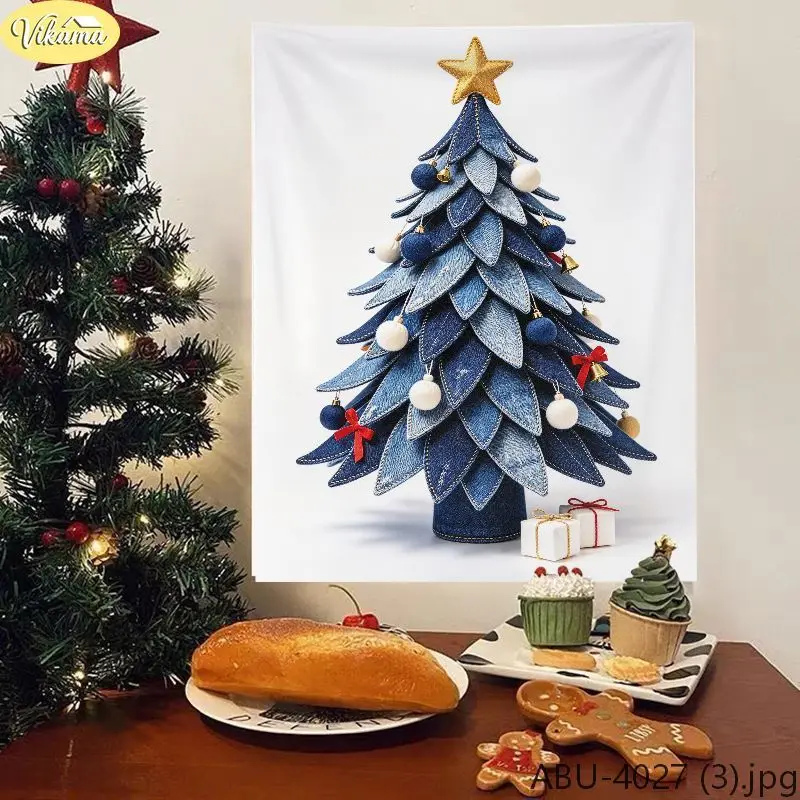 VIKAMA Merry Christmas Tapestry, Creative Denim Patchwork Christmas Tree Tapestry, Holiday Party Backdrop, Home Decor