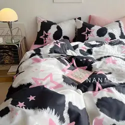 Korean Style Fashion Bedding Set Kids Adults Twin Full Queen Size Bed Flat Sheet Duvet Cover Pillowcases Stripe Grid Bed Linen