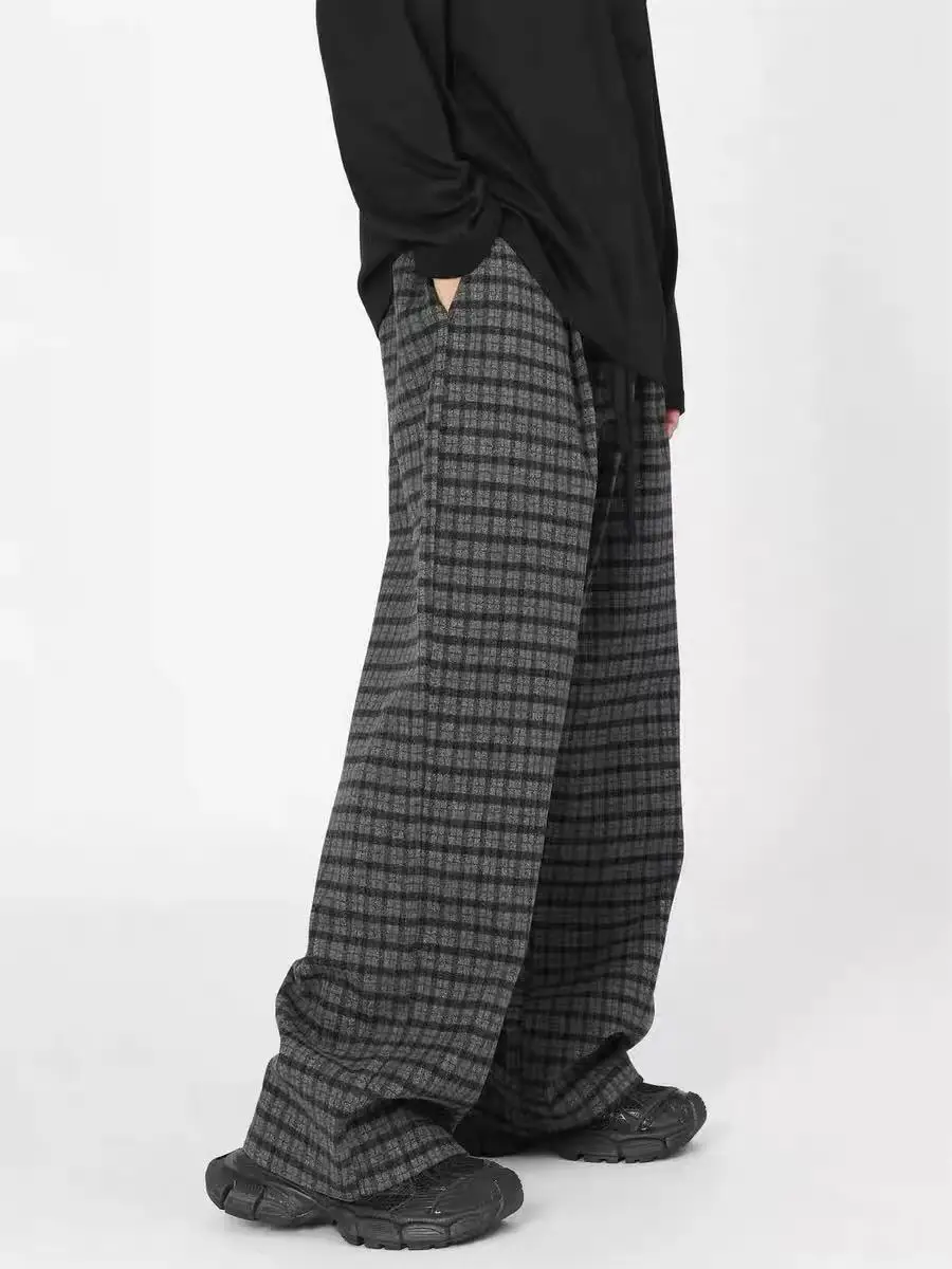 Men's Woolen Grid Pattern Suit Pants Commuter Style Spring Street Cool Boys Sweatpants Male Casual Wide Leg Trousers