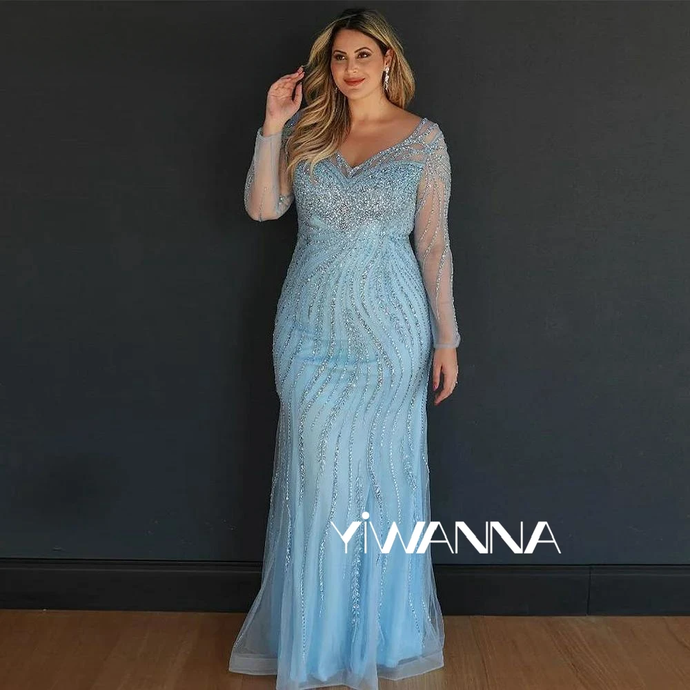 

Plus Size V-neck Long Sleeve Mother Of The Bride Dress Luxury Sequins Beads Evening Dresses For Formal Party Robe De Mariée