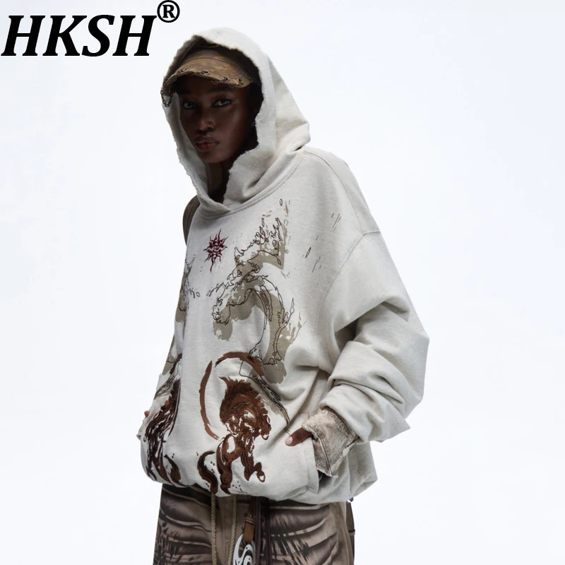 HKSH Spring Autumn New Men Loose Casual Embroidery Print Hooded Sweatshirt Trendy Fashion Frayed Edge Hoodies Streetwear HK16706