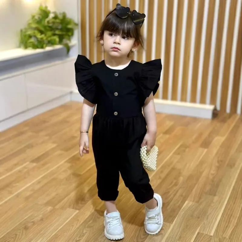 New Arrival 1-12Y Girls' Cotton Linen Jumpsuit with Ruffle Sleeves, Fashion Kids Romper Set 90-140cm