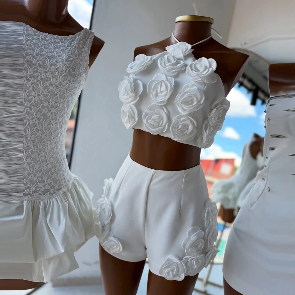 Vestido de Festa Branco em Duas Peças com Flores, Bonito Vestido de Verão em Cetim com Rosas 3D, Vestidos Sexy para Casamento e Festas