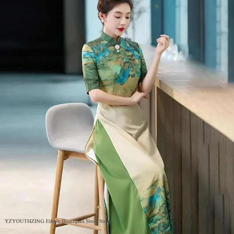 

Платье Aodai, элегантное классическое длинное платье Cheongsam с воротником-стойкой, большие размеры, традиционное китайское Ципао, с принтом в китайском стиле, Vestidos 5XL