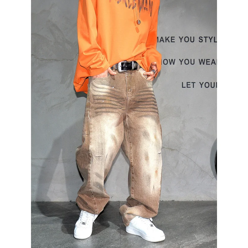 

Vibe Distressed Japanese Style Curved Jeans Men, Retro Washed Loose Straight Casual Denim Pants