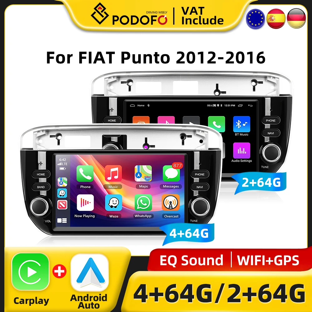 Podofo 7 CarPlay Android Radio Per Fiat Punto 2012-2016 Lettore Multimediale Per Auto 2din GPS Stereo Autoradio DSP Sistema Intelligente