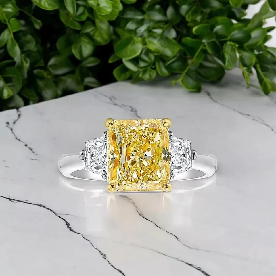 Diamond Ring Yellow Lab Grown Diamond VS IGI 14K Yellow Gold Basket & Platinum 950 Band 2CT Main Stone Radiant Cut Diamond Ring