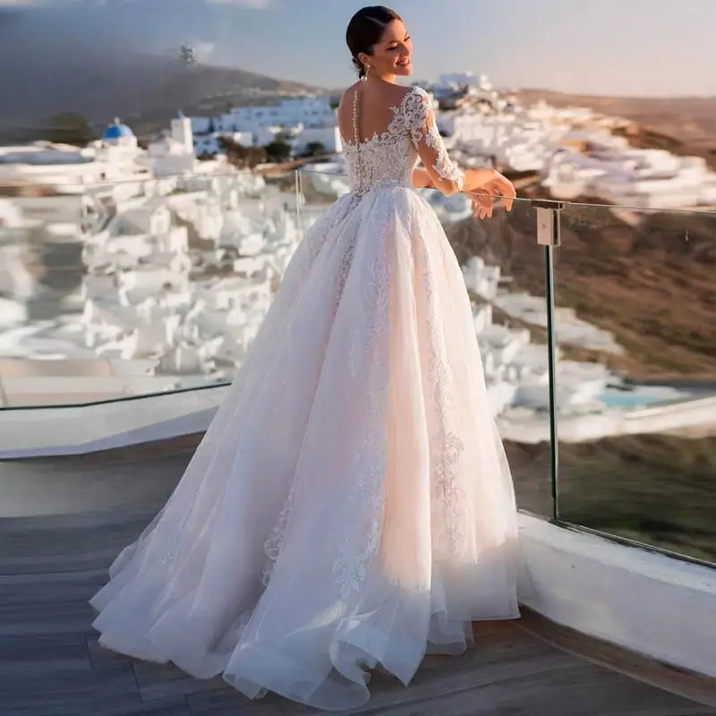 Lindo apliques frisado ilusão volta a linha vestido de casamento 2025 elegante colher pescoço meia manga princesa vestido de noiva personalizado