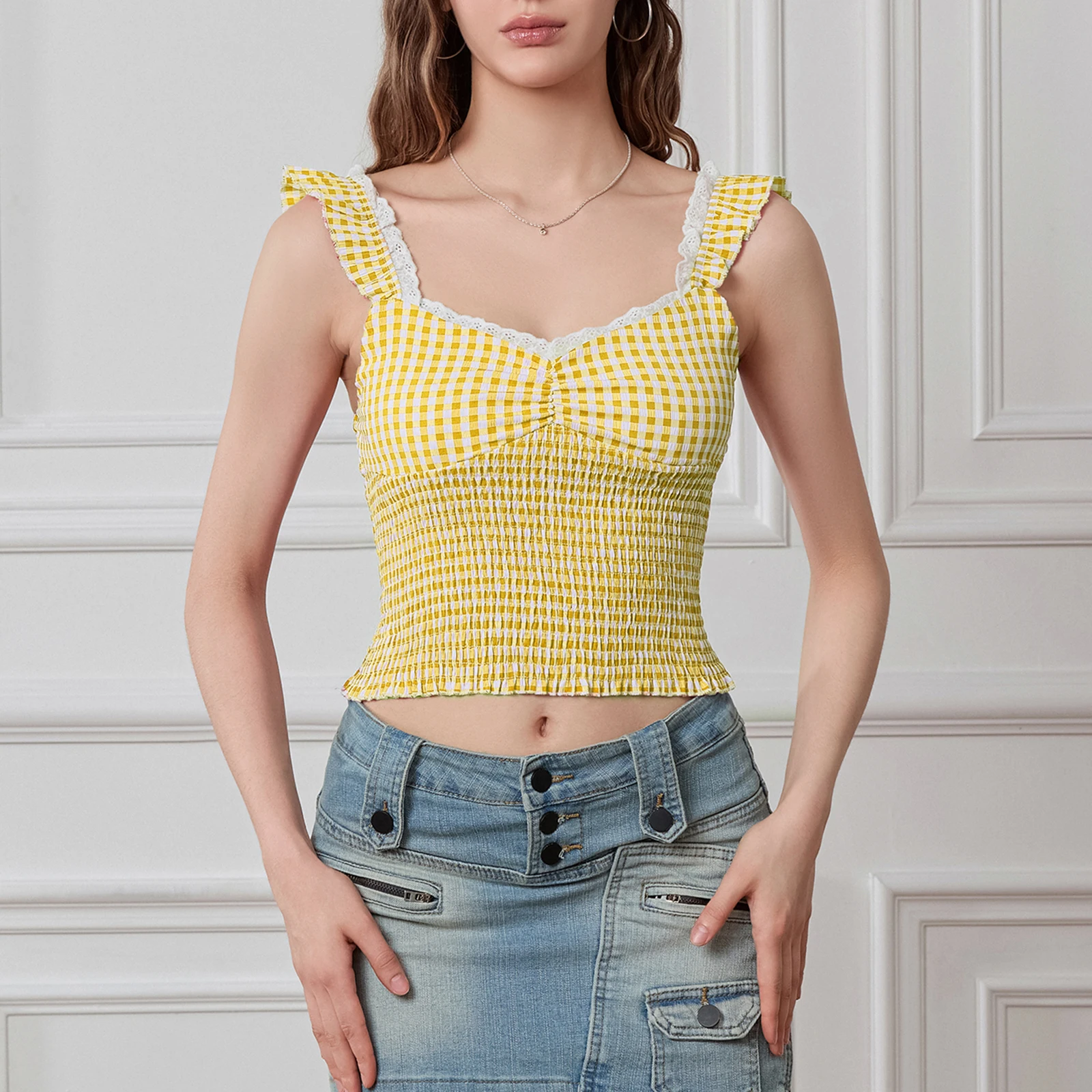 Canottiere da donna Crop canotte Casual estive con stampa scozzese Sweetheart con scollo a v Basic Vest camicia senza maniche per Streetwear