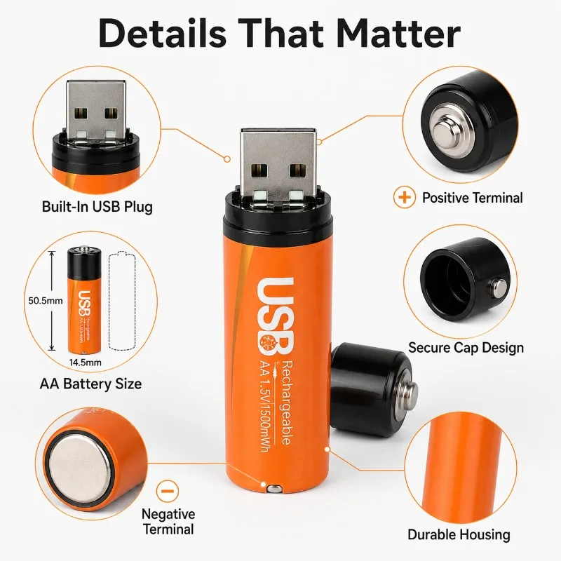 2PCS 1500mWh USB Rechargeable AA Lithium Batteries 1.5V Constant Voltage for Toys Mouse Remote Controller AA Battery Pack Set