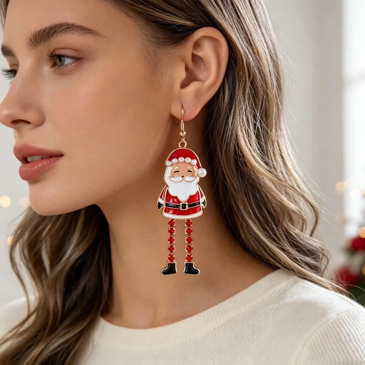 Weihnachtliche kreative Ohrhänger mit simulierten Perlen und langen Beinen im Weihnachtsmann-Design für Damen, Neujahrs-Ohrschmuck mit Lebkuchenmann und Schneemann. – Detail 11