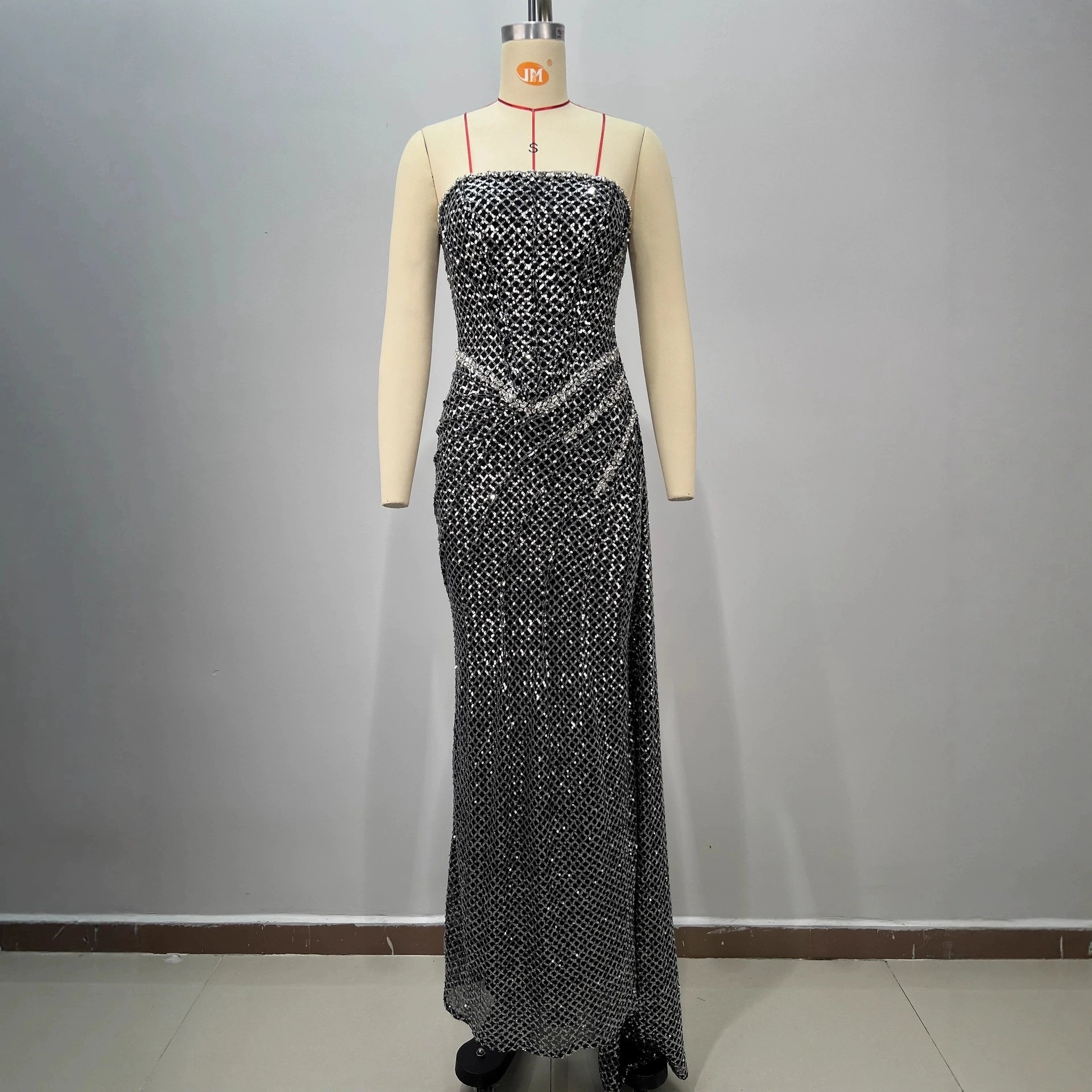 

Black bandage style sequined slim fishtail long evening dress with rhinestones-GZXX801