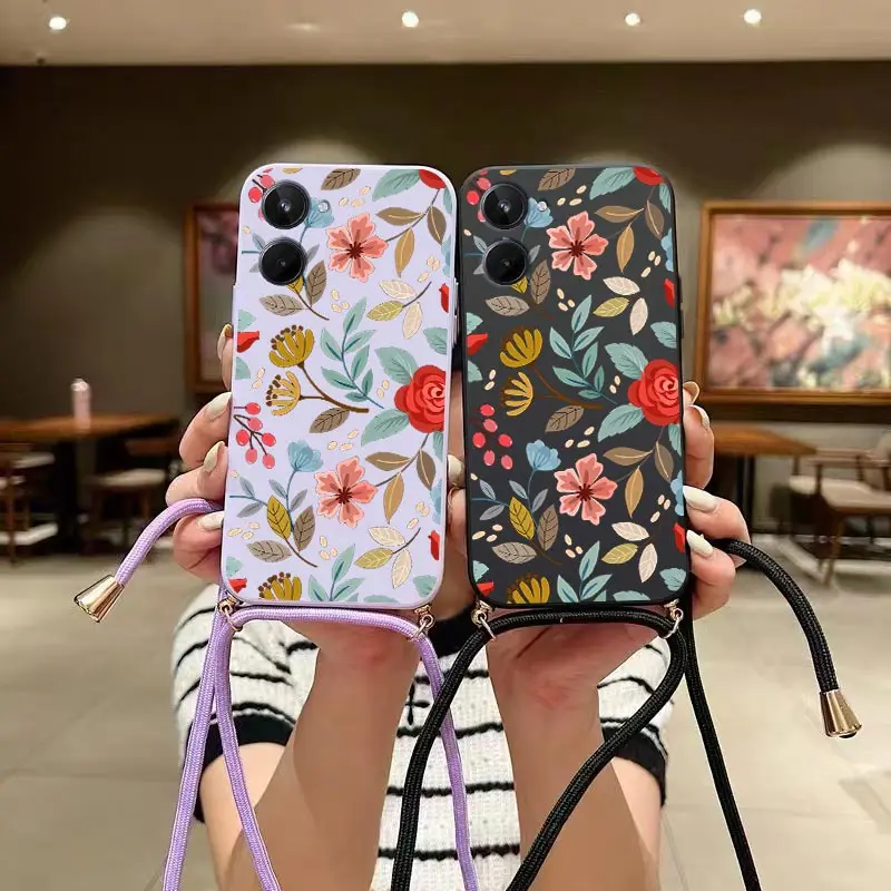 Five Petals Flower Crossbody Lanyard Silicone Phone Case For Realme 10 9 10T 9 Pro 10 Pro 8Pro 7Pro 8 8i 9i 7i 6 7 C35 C31 Cover