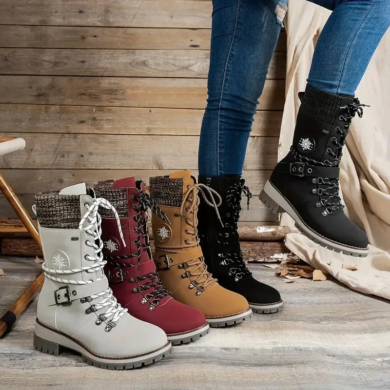 Women's Winter Side-pull Lace-up Knitted Mid-tube Boots Low-heeled Round-toe Boots High-quality Winter Warm Boots Botas De Mujer