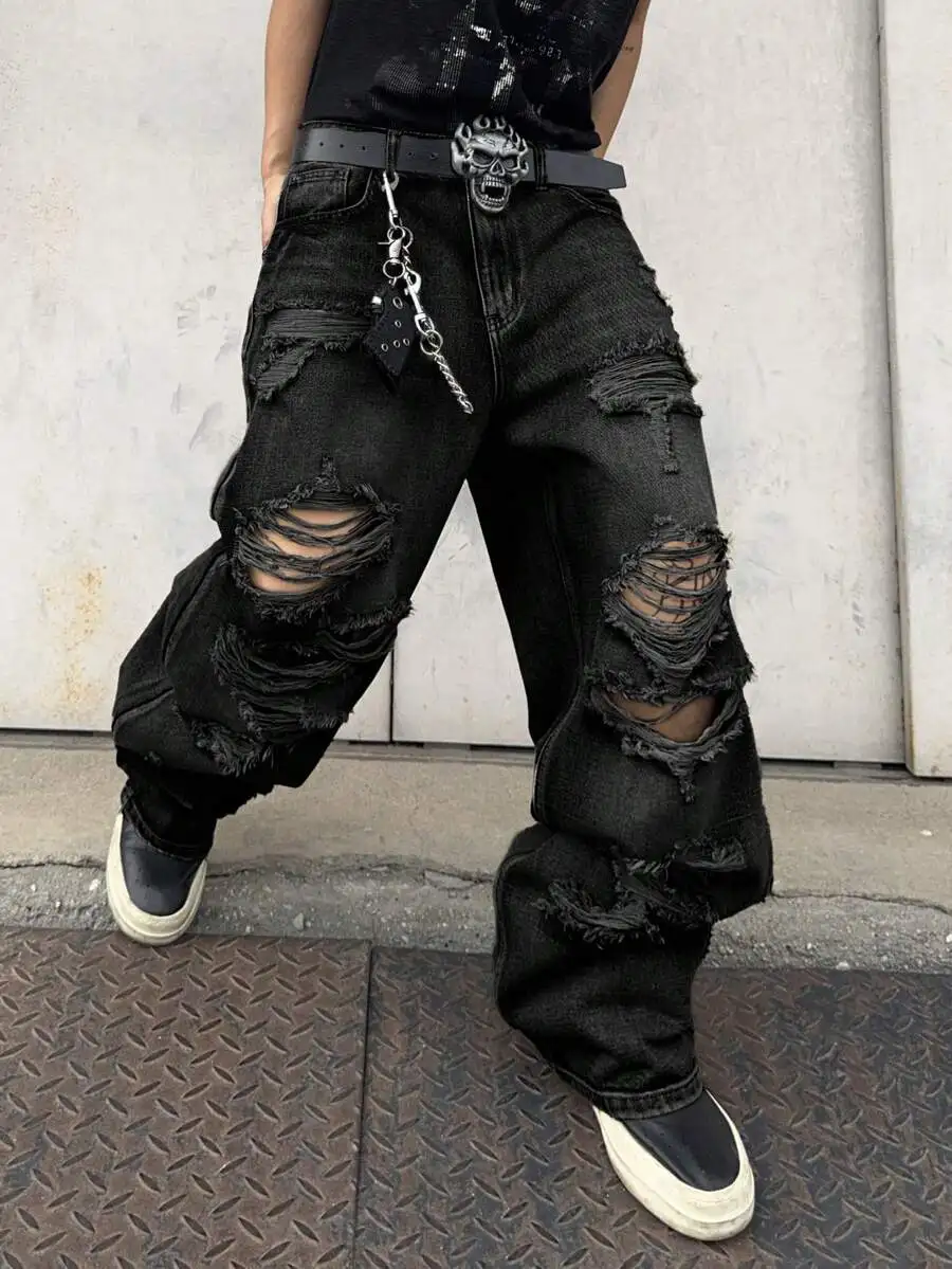 

Mens Distressed Wide Leg Jeans American Vintage Ripped High Street Casual Loose Full Length Pants
