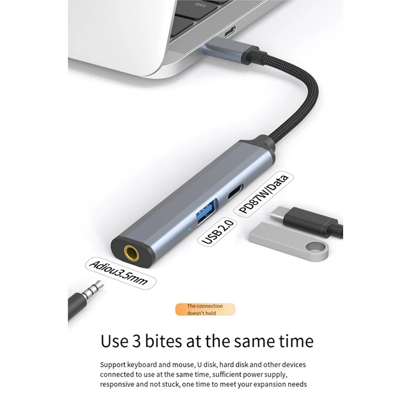 Docking Station 3-In-1 Type C Hub, With USB2.0,PD 87W,Audio 3.5Mm Multi-Port Adapter For Laptops,Phones