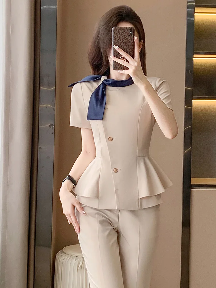 

Apricot Short-Sleeved Overall Suit Women's Summer2024New High-End Business Wear Temperament Hotel Reception Uniform