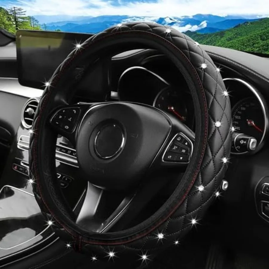 

Bling Leather Steering Wheel Cover, 15 Inch Anti-Slip Elastic Auto Steering Wheel Protector with Sparkling Diamond for Women Gi