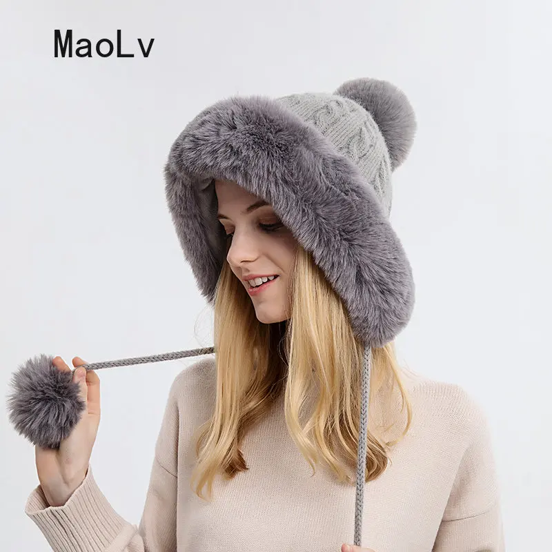 Winter Fluffy Fur Kintted Cap for Women Russian Lady Soft Warm Ear Protection Hats Female Outdoor Plush Coldproof Ball Beanies