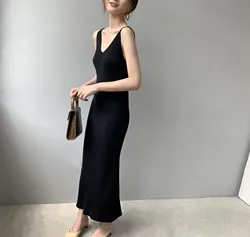 2024 Women Sexy V-Neck Sleeveless Long Dress Solid Color Knitted Material High Stretch   Bodycon Long Sweater Dress Vestidos