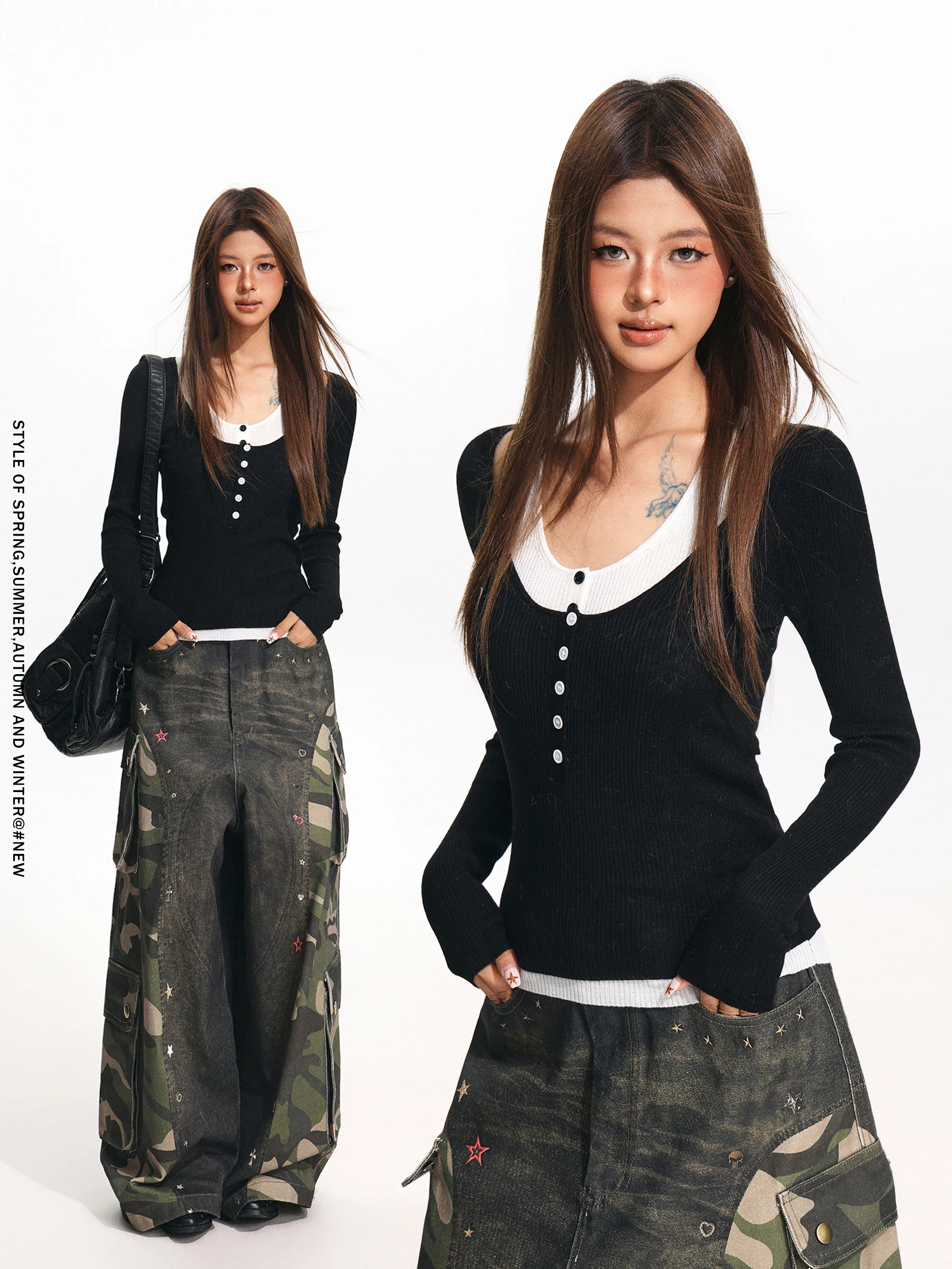 

Американский облегающий вязаный свитер с круглым вырезом и V-образным вырезом, имитация двухслойности, женский, осенне-весенний модный топ