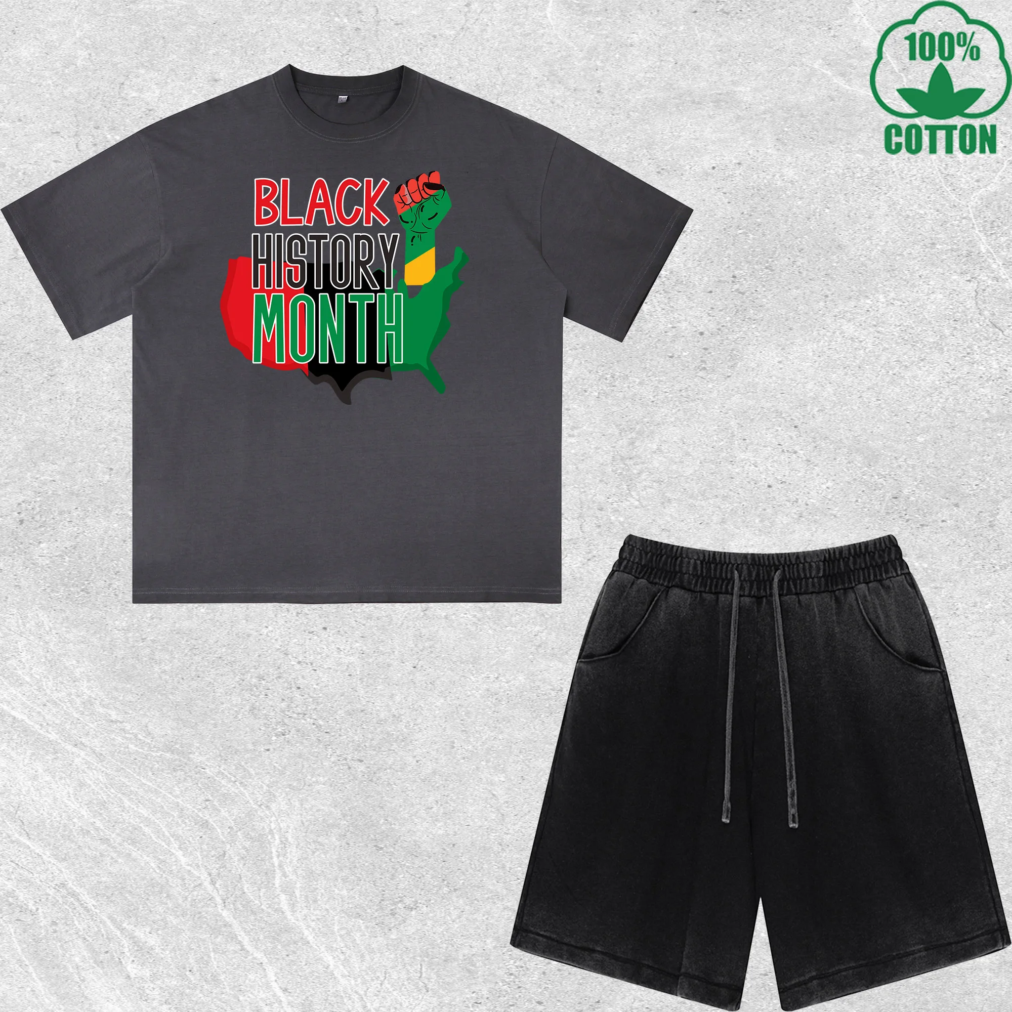 

Balck History Month Printed Dirty Wash T-Shirt Shorts Set Combo Loose Trendy Fashionable 100%Cotton Short Value Pack