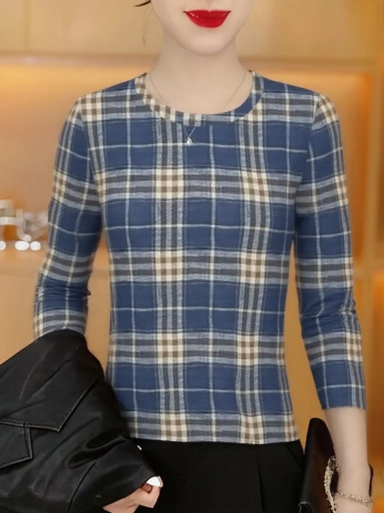 

Spring New Arrival Mommy Style Plaid Long Sleeve Loose Fit Belly Covering Slimming Top for Middle-Aged Women Elegant Fashion