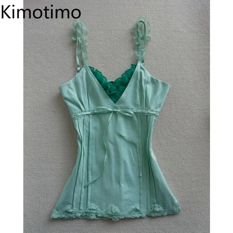 Kimotimo Fake Two Piece Patchwork Lace Camisole Vest Women Sexy Bandage Sleeveless Slim Fit Crop Top Vintage Sweet Y2k Tanks Ins