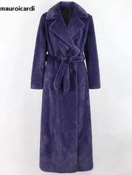 Nerazzurri Autumn Winter Extra Long Purple Thick Warm Faux Rex Rabbit Fur Coat Women Floor Length Luxury Elegant Fluffy Overcoat