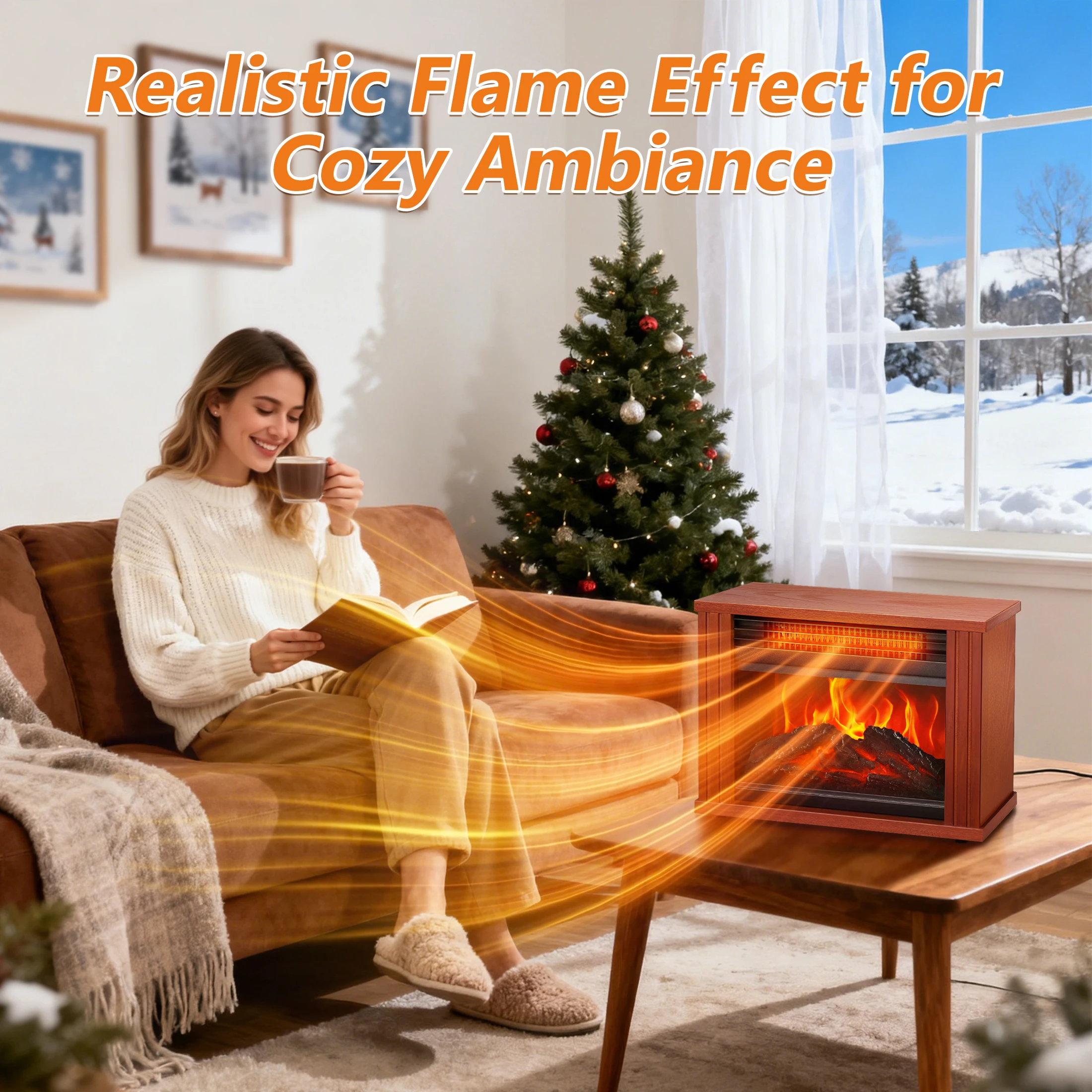 1500W Electric Fireplace Heater Portable Tabletop Space Heater with Realistic Flame Effect, 2 Heat Settings, Overheat Protection for Home Office Bedroom, Brown