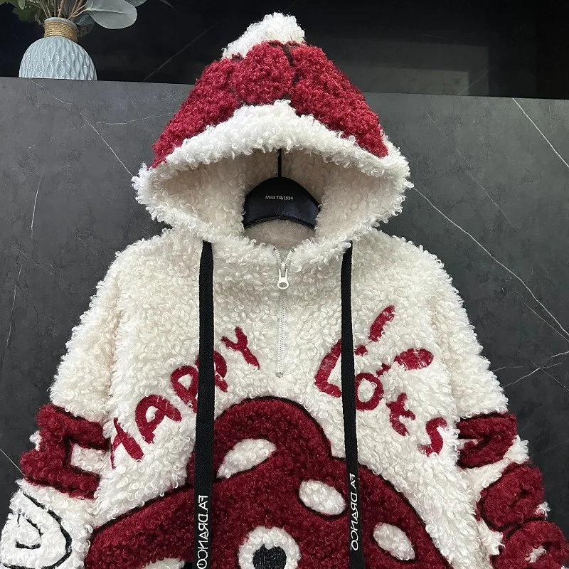 2025 Autumn Winter Heavy Industry Cartoon Lamb Wool Hooded Sweatshirt Jacket For Women's Loose Sweet Y2k Style Top Zipper Coat