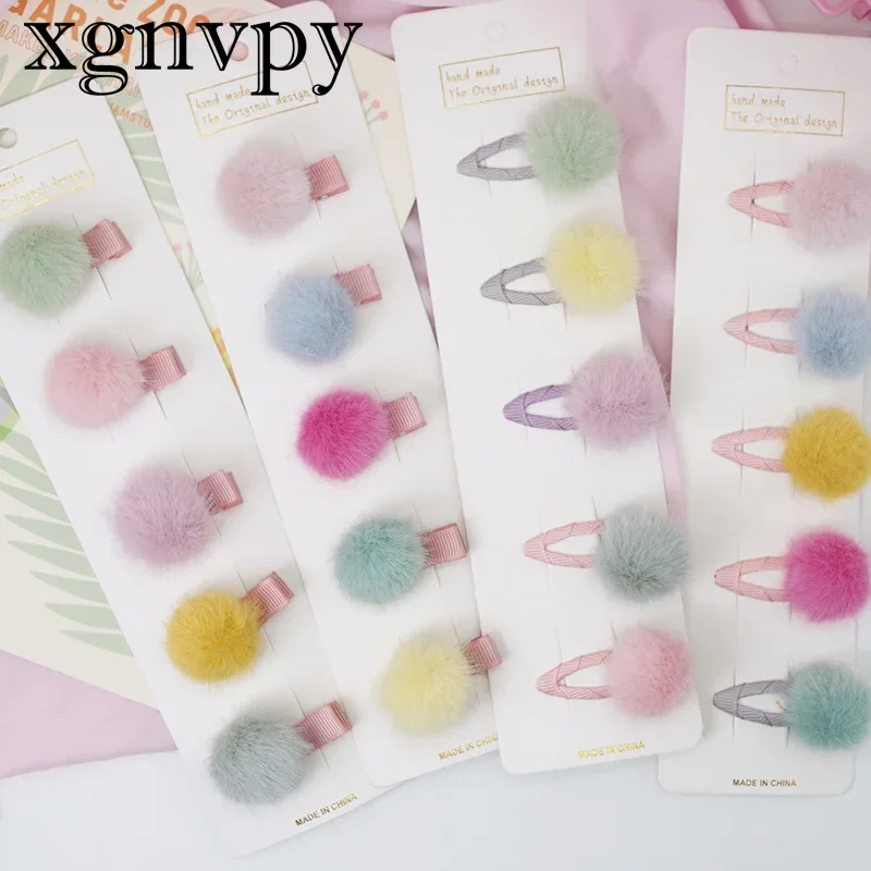 xgnvpy 5pcs/set Cute Girls Hairpins Small Lovely Soft Fur Pompom Mini Ball Hair Clips Children Headwear Kids Hair Accessories