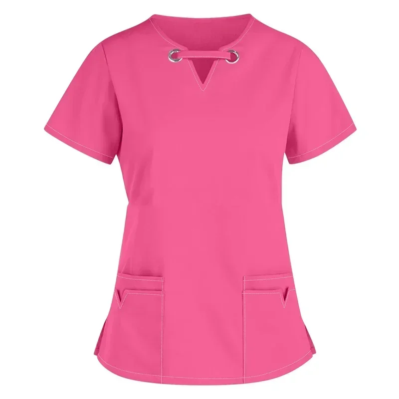 Solid Scrub Tops Healthcare Tunic Women Short Sleeves Hospitality Maid Nurses Uniform Cares Therapist Dentist Workwear Female