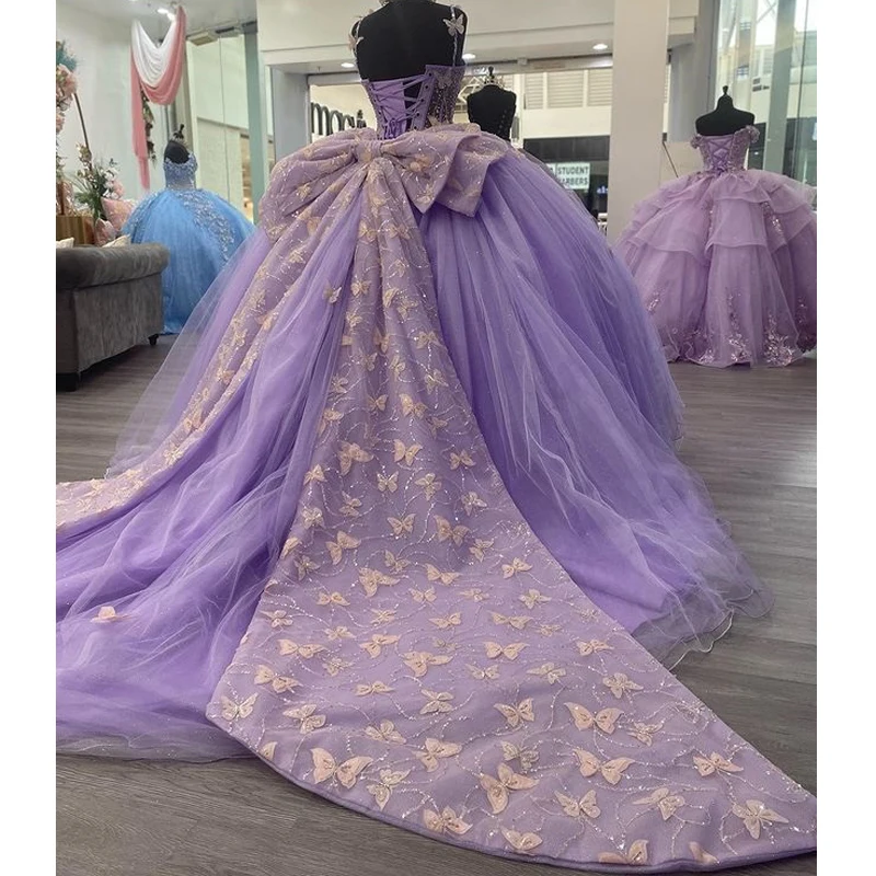 Real Image Purple Quinceanera Dresses With Big Bow Off Shoulder Sparkling Crystal Beads Bow Vestidos De 15 Anos Corset Back