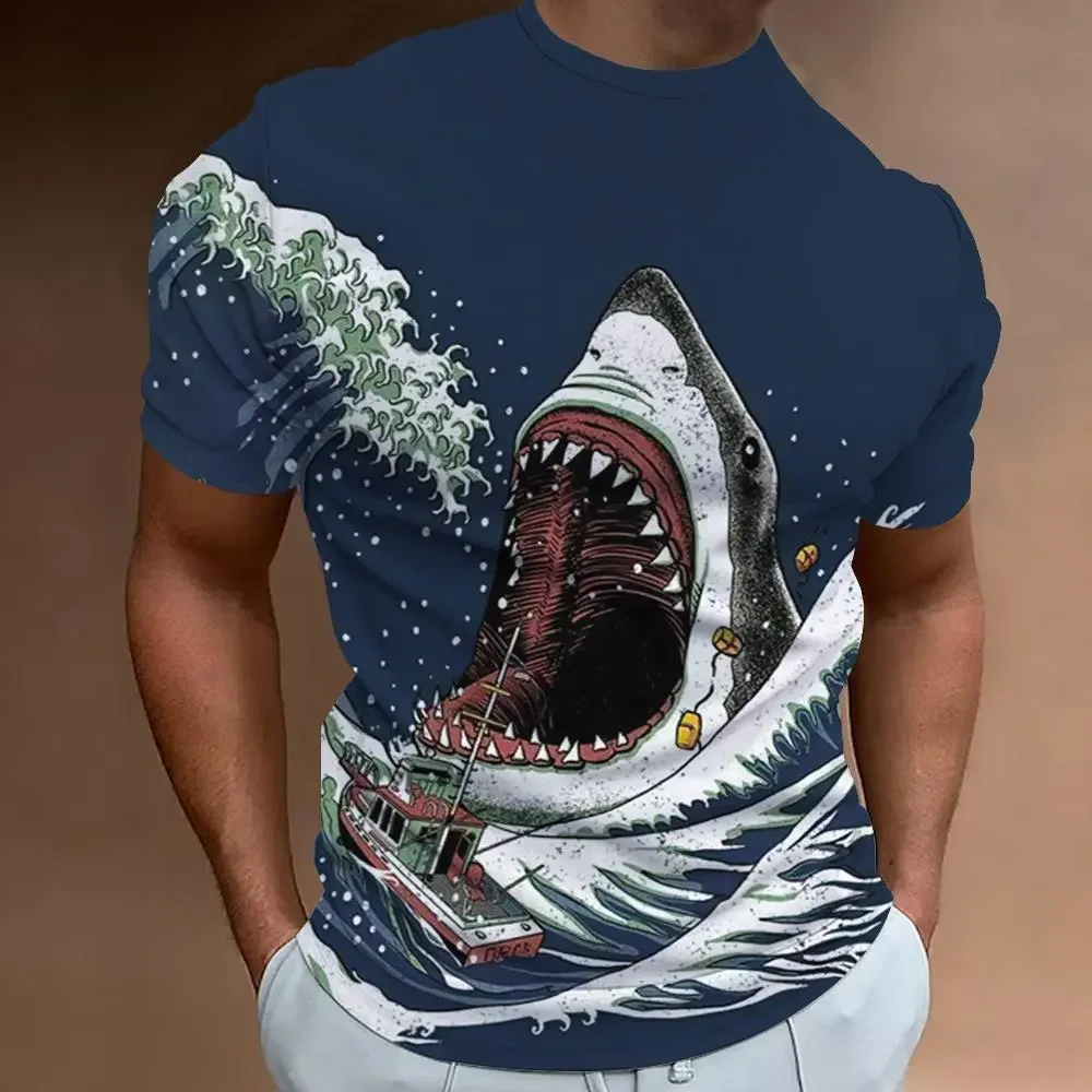 Shark Print 3D Printed Summer Men\'s Clothing Fashion Casual Short Sleeve Oversized T-shirt Street Trend Premium O-collar Top