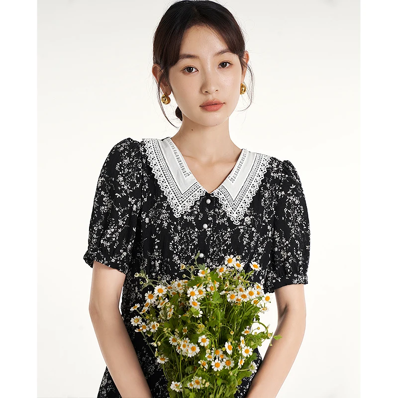 Toyouth Women Dress 2023 Summer Short Sleeve Hollow Embroidered Lapel A-shape Full Floral Print Pure Cotton Vintage Chic Skirt