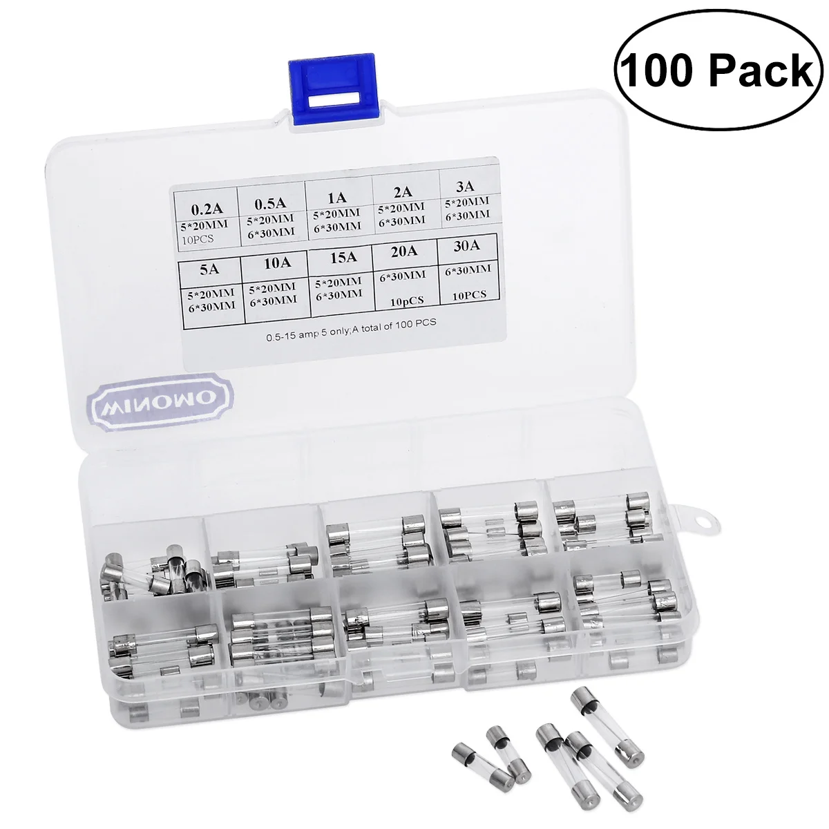 

100pcs Car Tube Fuses 0.2A To 30A Fast-Blow Assorted Kit Durable Glass Plastic Fuse Set For Circuit Protection Glass