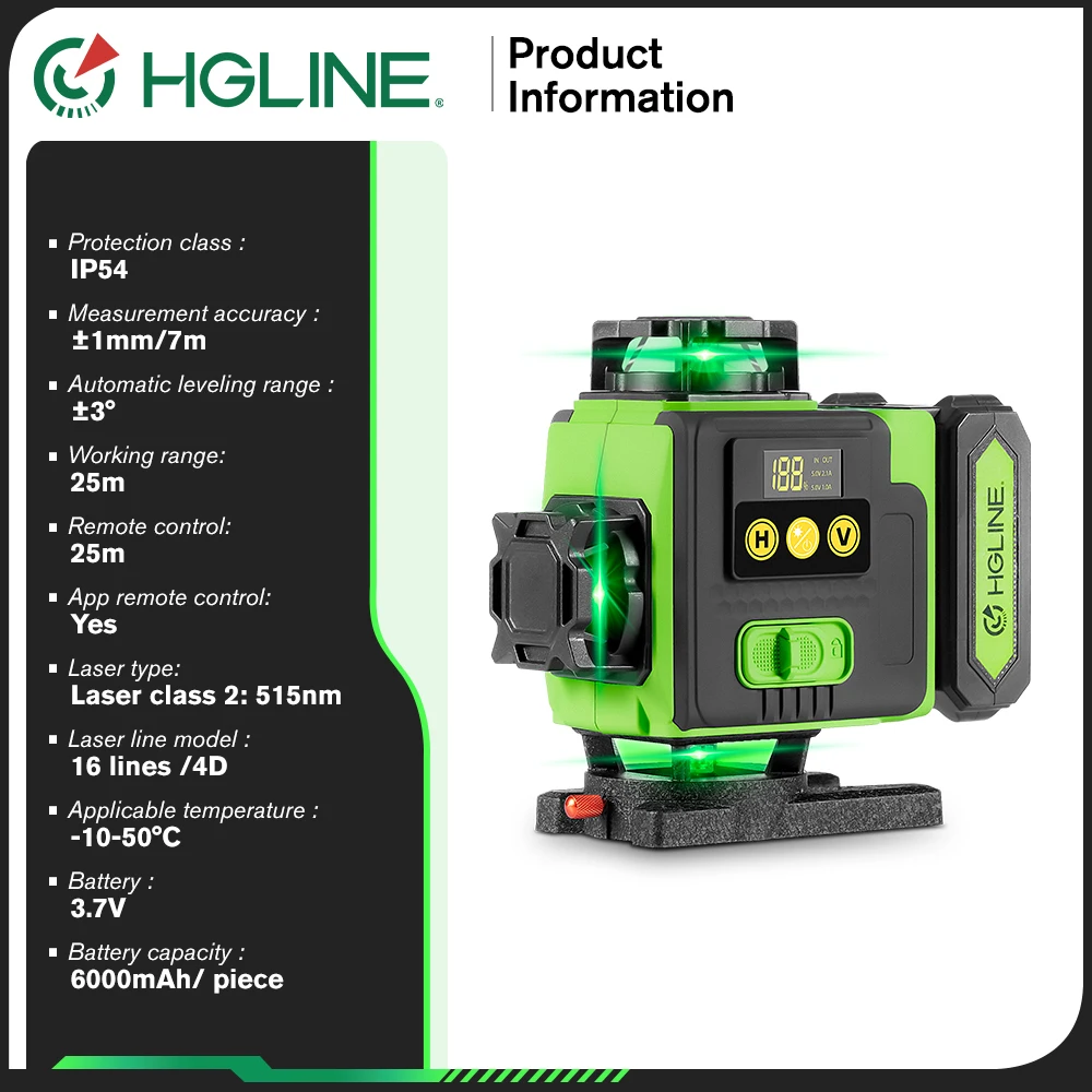 HGLINE 4D Green Laser Level 16 Lines Rotatable Level Machine Rechargeable 360 Automatic leveling Tool With APP Remote Control