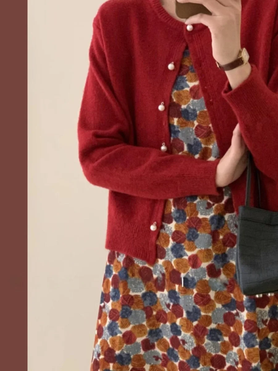 

Женский вязаный кардиган с круглым вырезом и жемчужными пуговицами, базовый слой, свитер-пальто, приталенный крой, весенний, с длинными рукавами