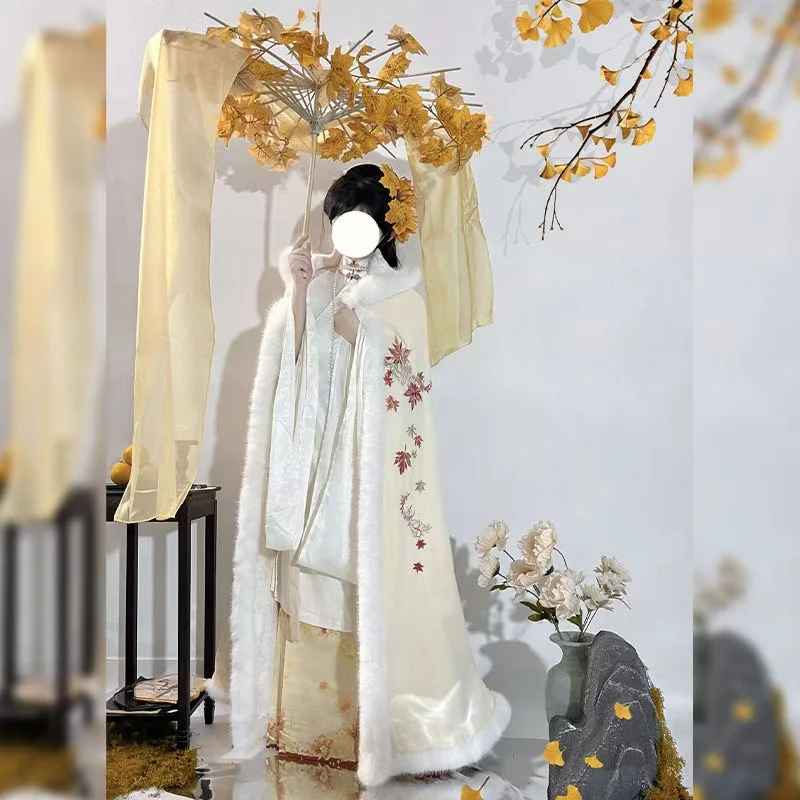 Fairy Maple Leaves Embroidery Hanfu Cloak Traditional Chinese Women Winter Thicken Velvet Warm Outer Robe Ancient Girl Long Cape