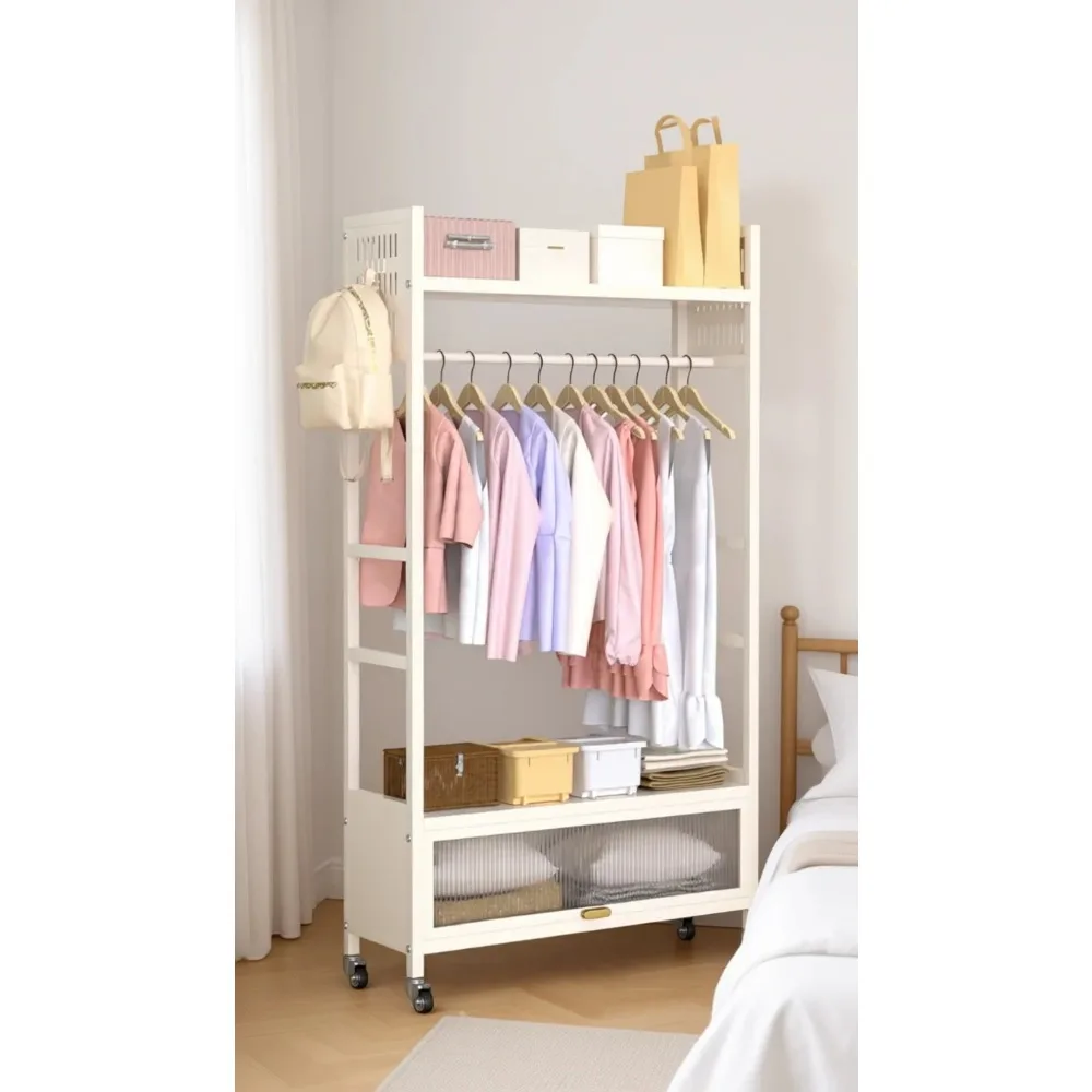 Portable Rolling Clothes Rack with Wheels Hooks and Shelves for Bedroom Storage
