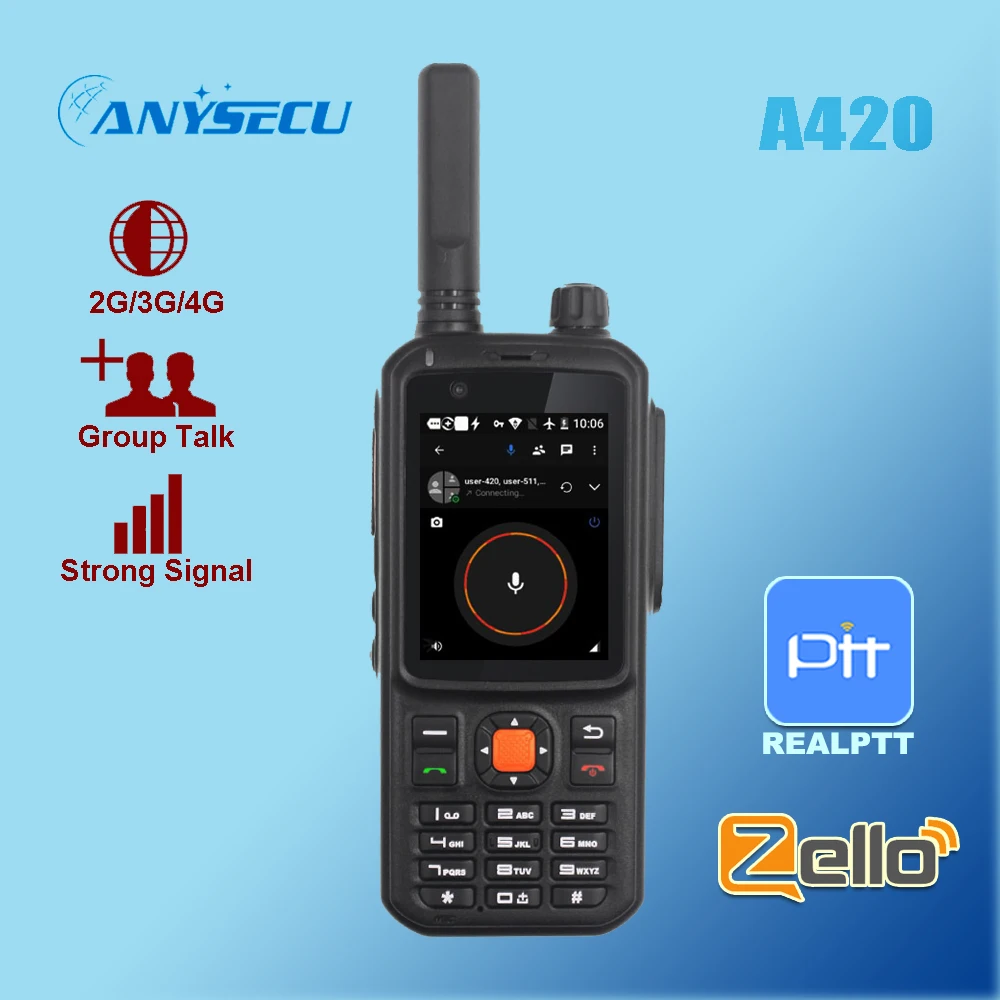 ANYSECU A420 WalkieTalkie 4G POC PTT Network Radio LTE Zello WiFi Radio GSM Compatible With Real-PTT Android Smart Phone