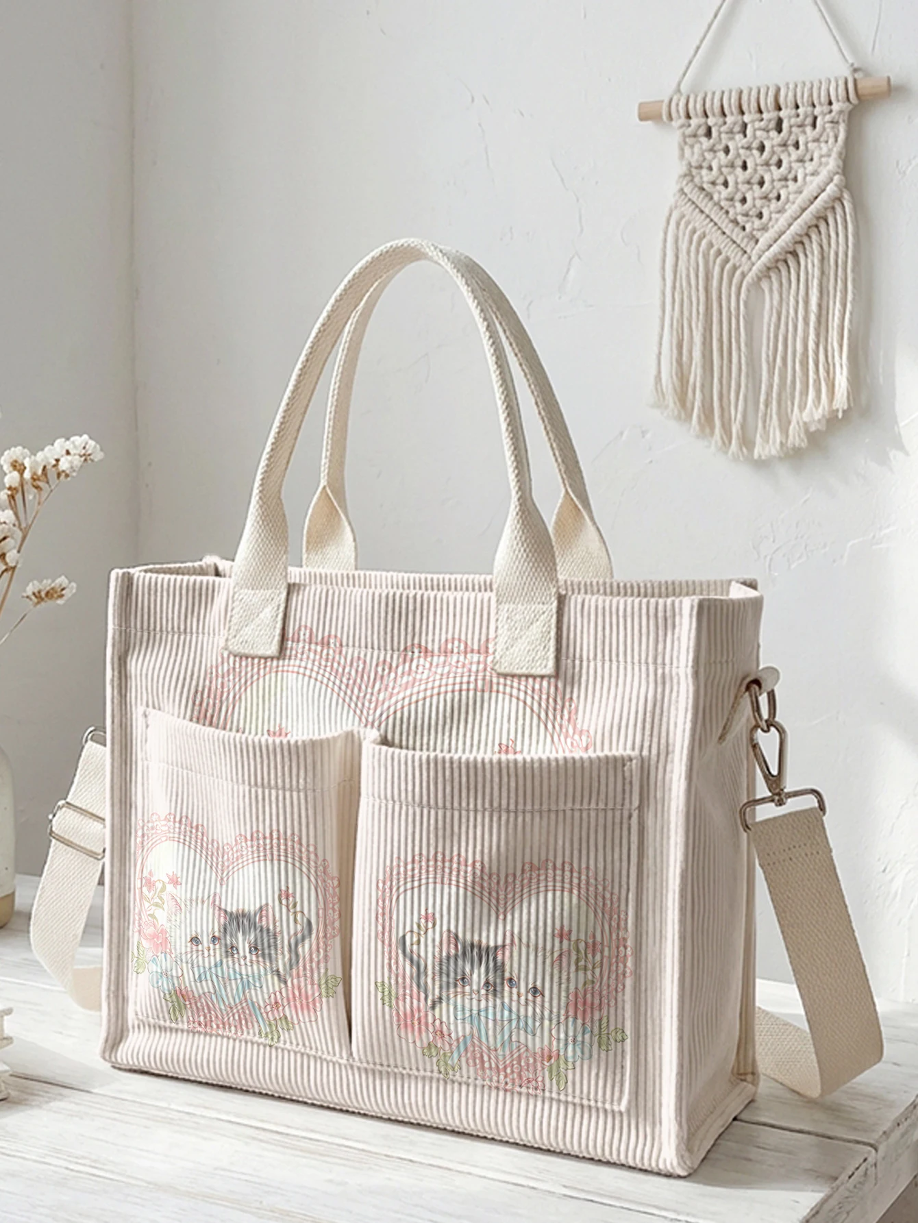 

Kittens in Heart Frame Print Beige Corduroy Tote Bag Large Capacity Multi Pocket Commuter Shoulder Bag