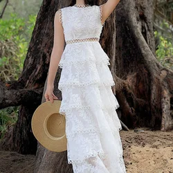 White Elegant Mesh Dress for Women Luxury Design Embroidery Flower Maxi Vestido Party Sleeveless Summer Evening Bodycon Clothing
