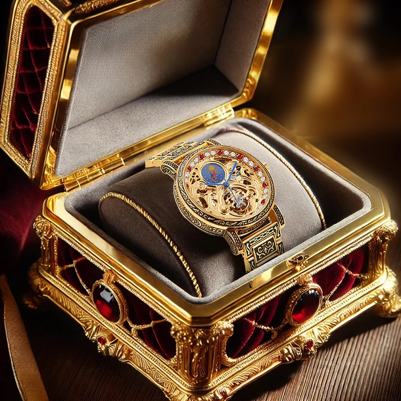 

Мужские винтажные роскошные автоматические механические часы с черно-золотым стальным ремешком и гравировкой