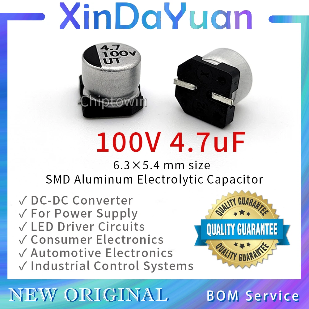 50 قطعة 100 فولت 4.7 فائق التوهج 6.3 × 5.4 مللي متر SMD الألومنيوم مُكثَّف كهربائيًا منخفضة ESR #1